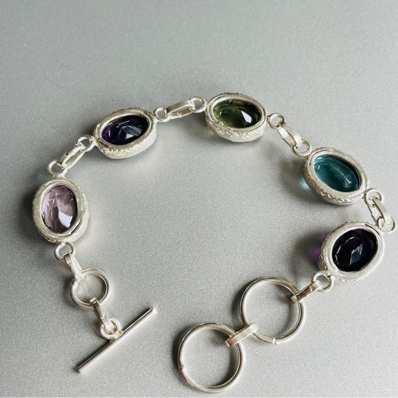 Multi Colored Cubic Zirconia Ornate Oval Link Sterling Silver Toggle Bra… - Picture 6 of 10